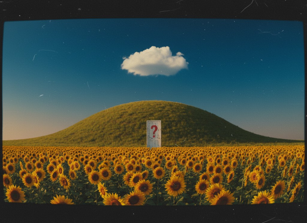 Liminal door in sunflower field