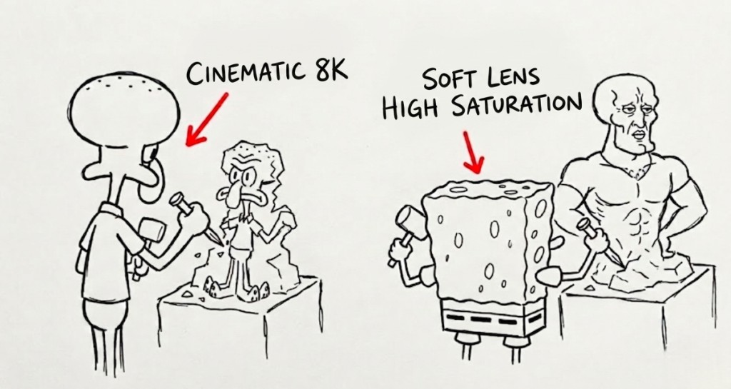 Two contrasting AI outputs — over-generic cinematic shot versus tightly controlled minimal composition